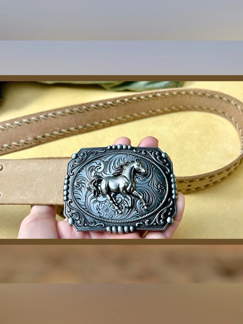 Detailed Silver Engraved Horse/Western Unisex Clip-On Belt Buckle
